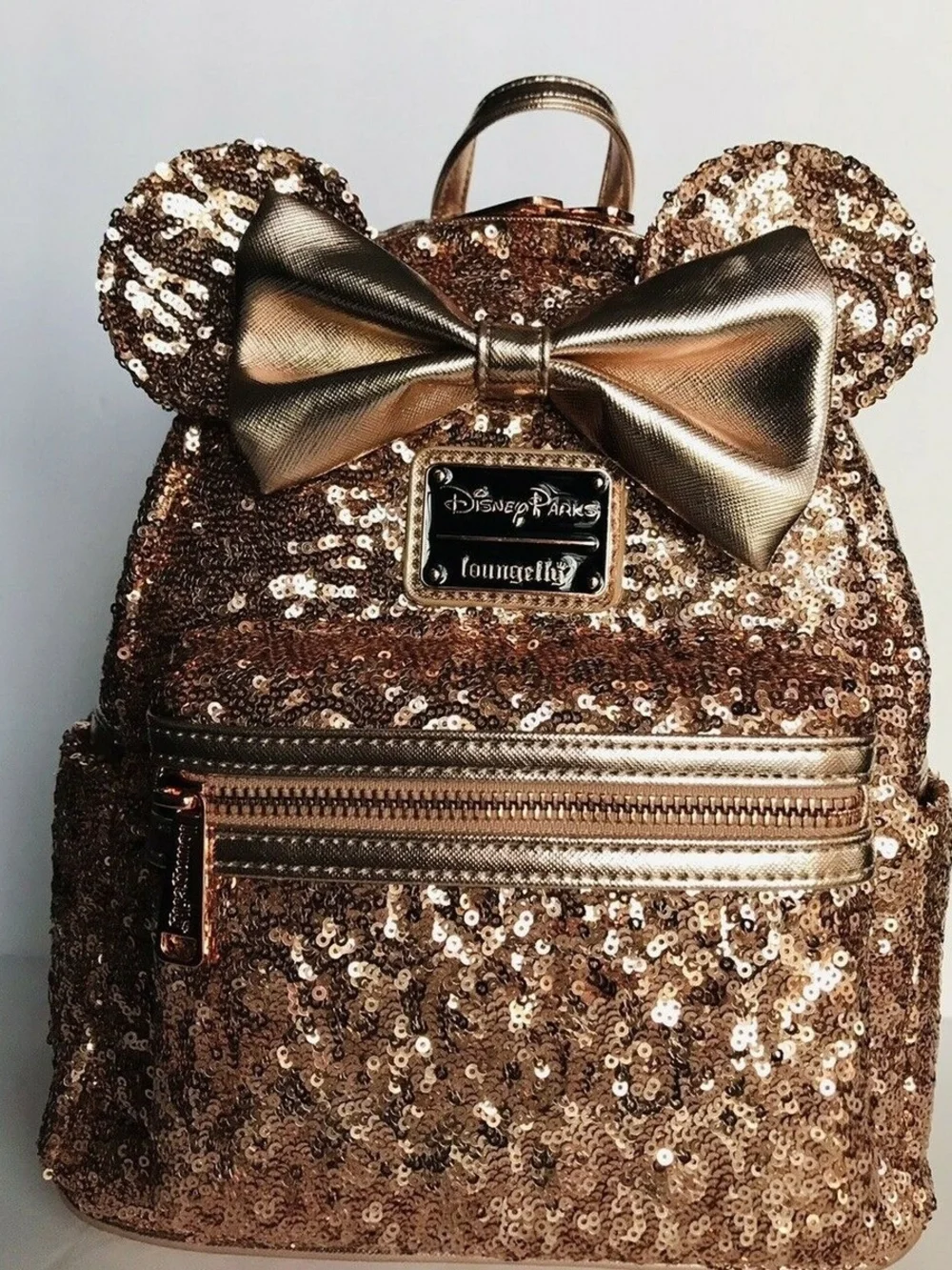 Loungefly Rose Gold Sequin Minnie Mouse Backpack with Metallic Bow and Ears